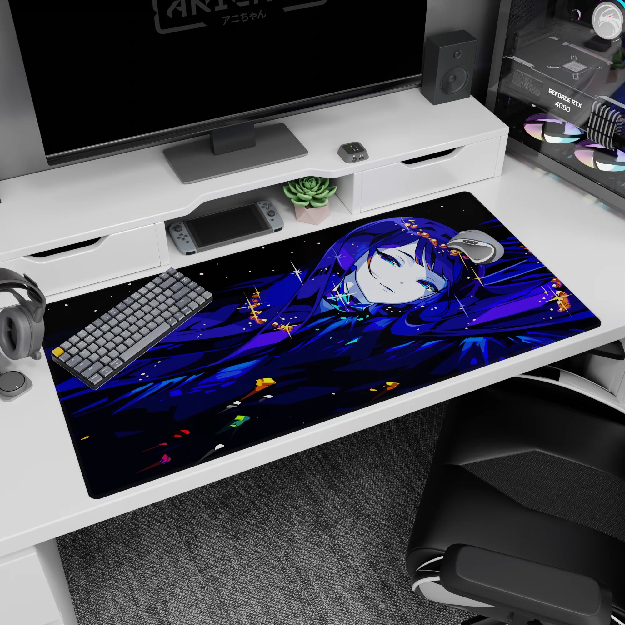 40x20 inches anime girl desk pad showing sleepy blue-haired girl drifting through starry shadows and shimmer.