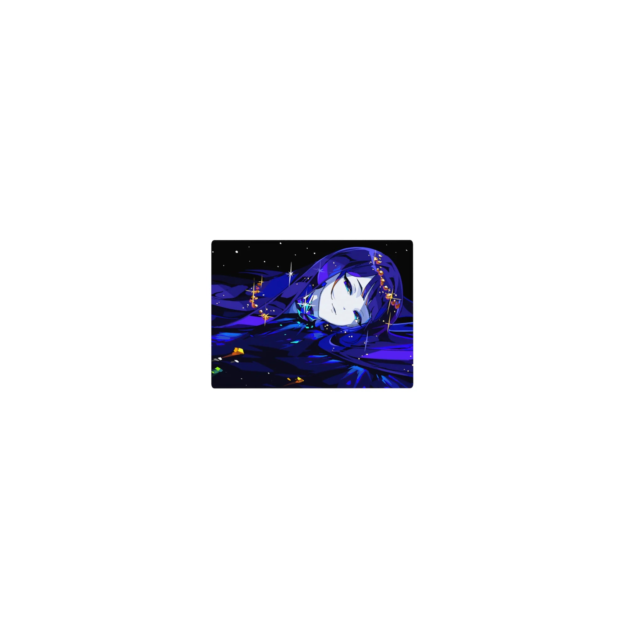 Classic anime girl mouse pad 14x10 inches with blue-haired beauty, sparkles, and golden shards in night hues.