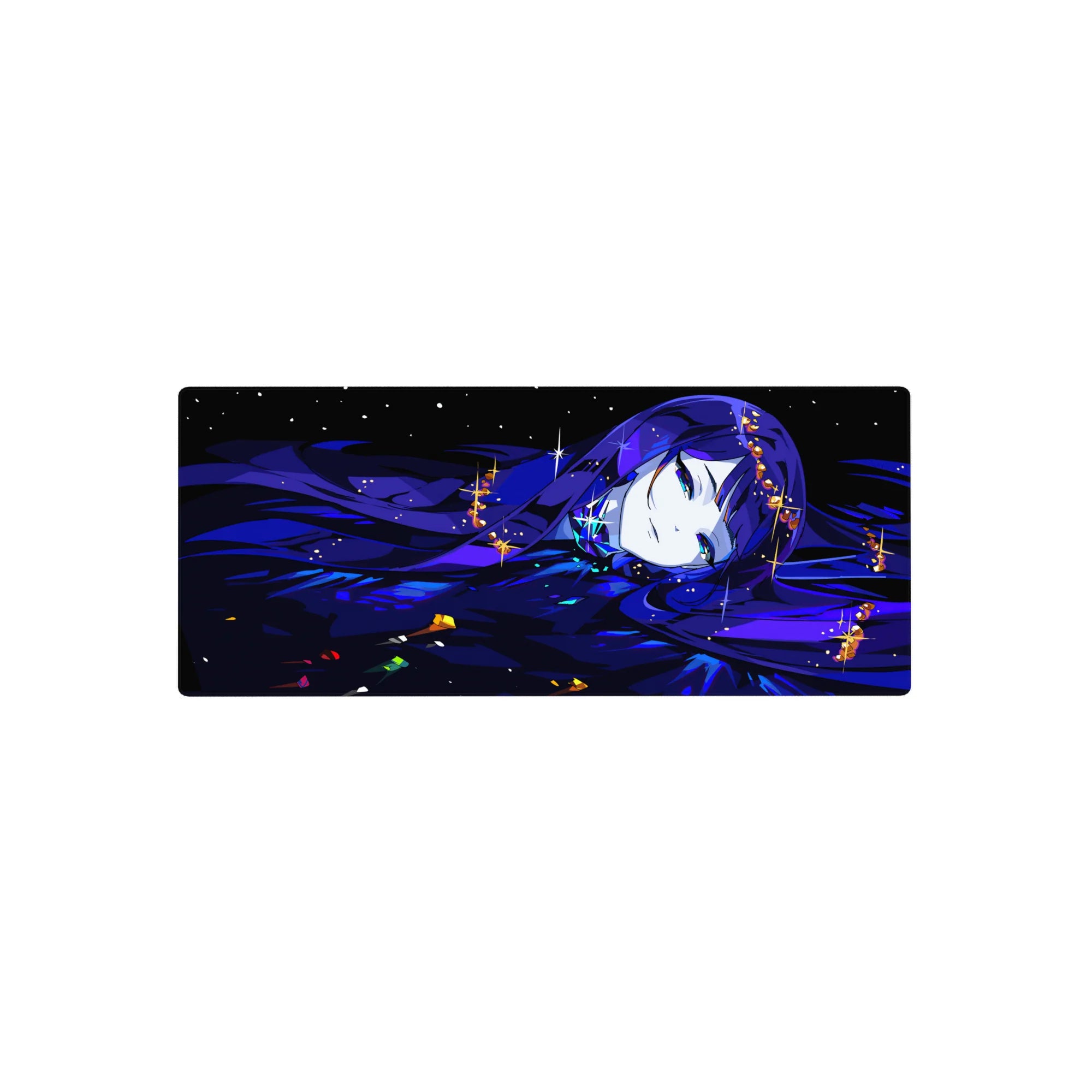 28x12 inches anime girl mouse pad with blue-haired beauty, sparkles, and golden shards on a dark backdrop.