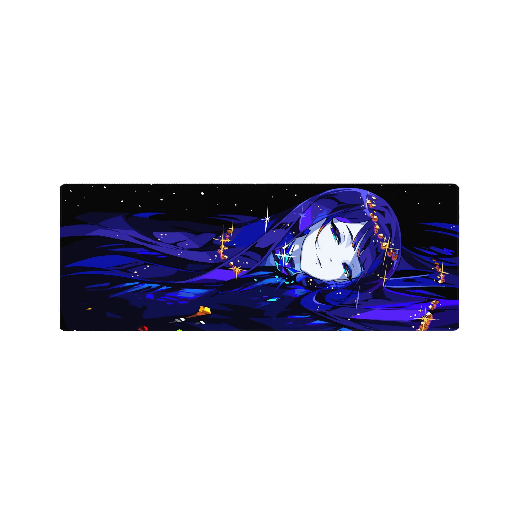 32x12 inches anime girl mouse pad with blue-haired beauty, star sparkles, and golden shards in night tones.