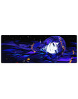 32x12 inches anime girl mouse pad with blue-haired beauty, star sparkles, and golden shards in night tones.