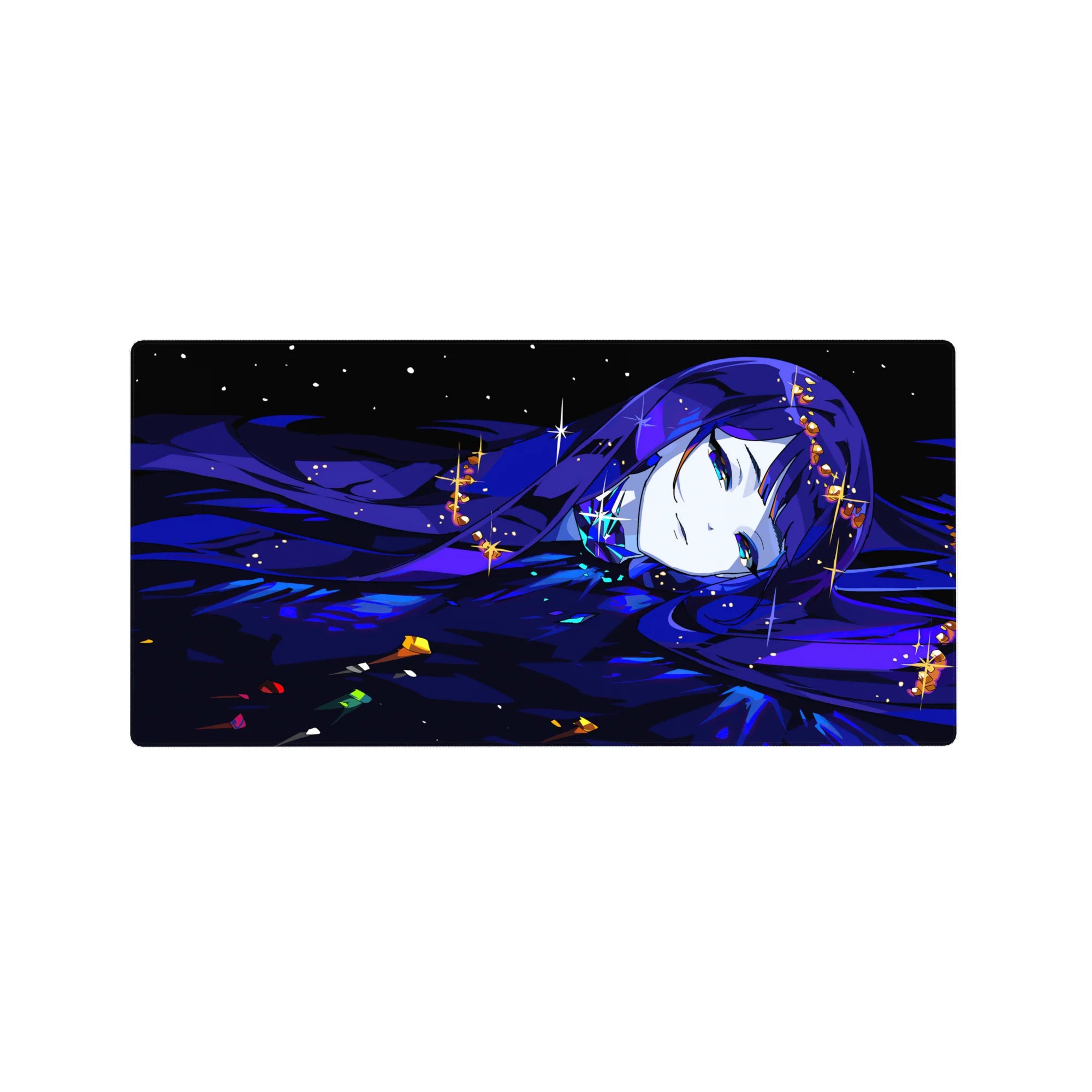 32x16 inches anime girl mouse pad with blue-haired dreamer, star sparkles, and golden shards in midnight hues.