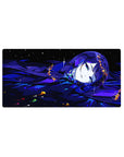 32x16 inches anime girl mouse pad with blue-haired dreamer, star sparkles, and golden shards in midnight hues.