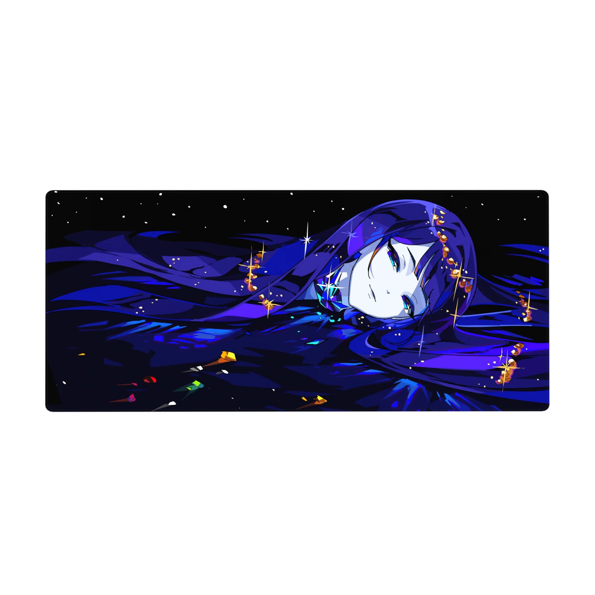 36x16 inches anime girl desk pad with blue-haired beauty, sparkles, golden shards, glossy moonlit style.