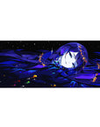 36x16 inches anime girl desk pad with blue-haired beauty, sparkles, golden shards, glossy moonlit style.