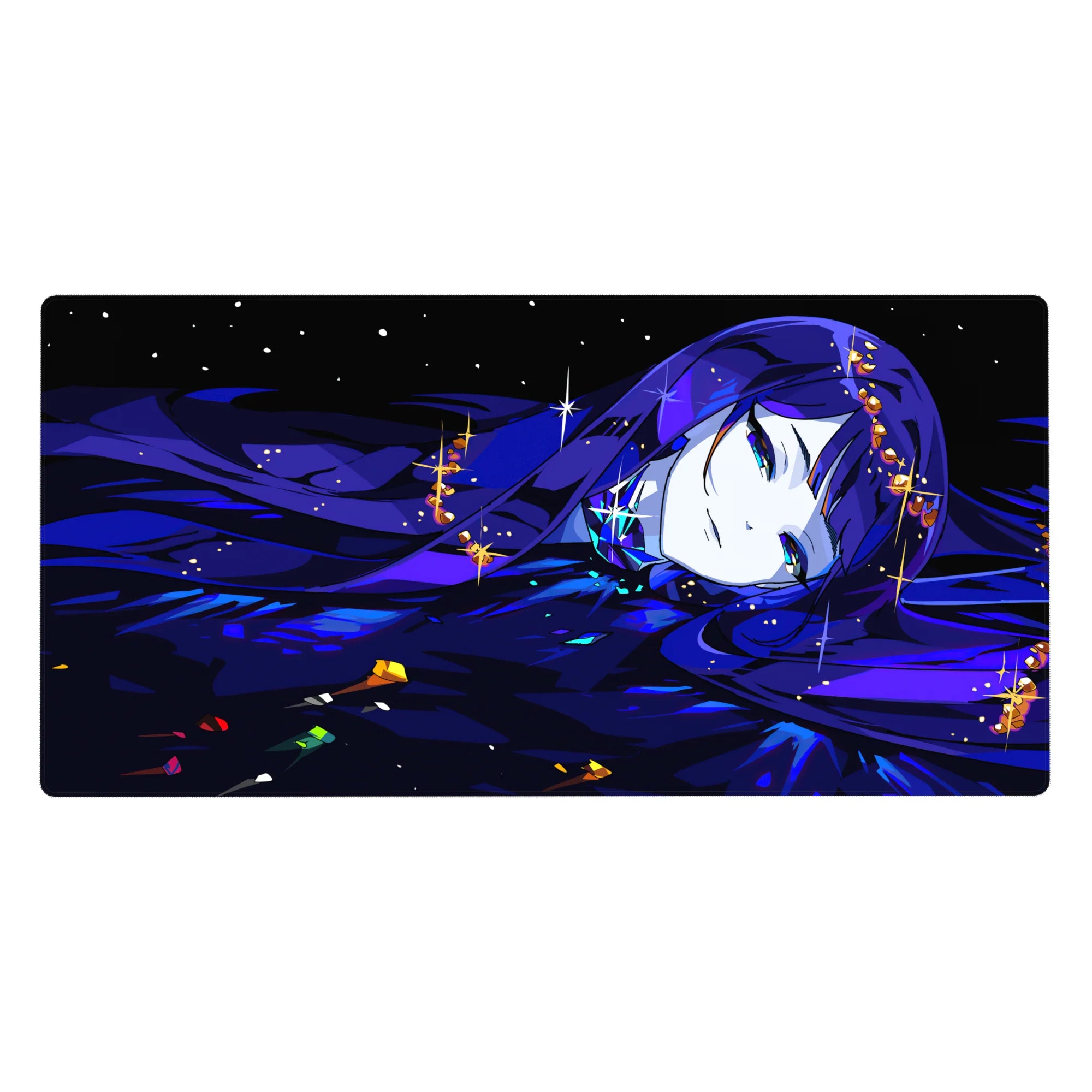 40x20 inches anime girl desk pad with blue-haired beauty, star sparkles, and golden shards on deep blues.