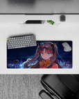 28x12 inches mouse pad in deep blues with teal eyes, warm red outfit, and cozy nightlight mood.