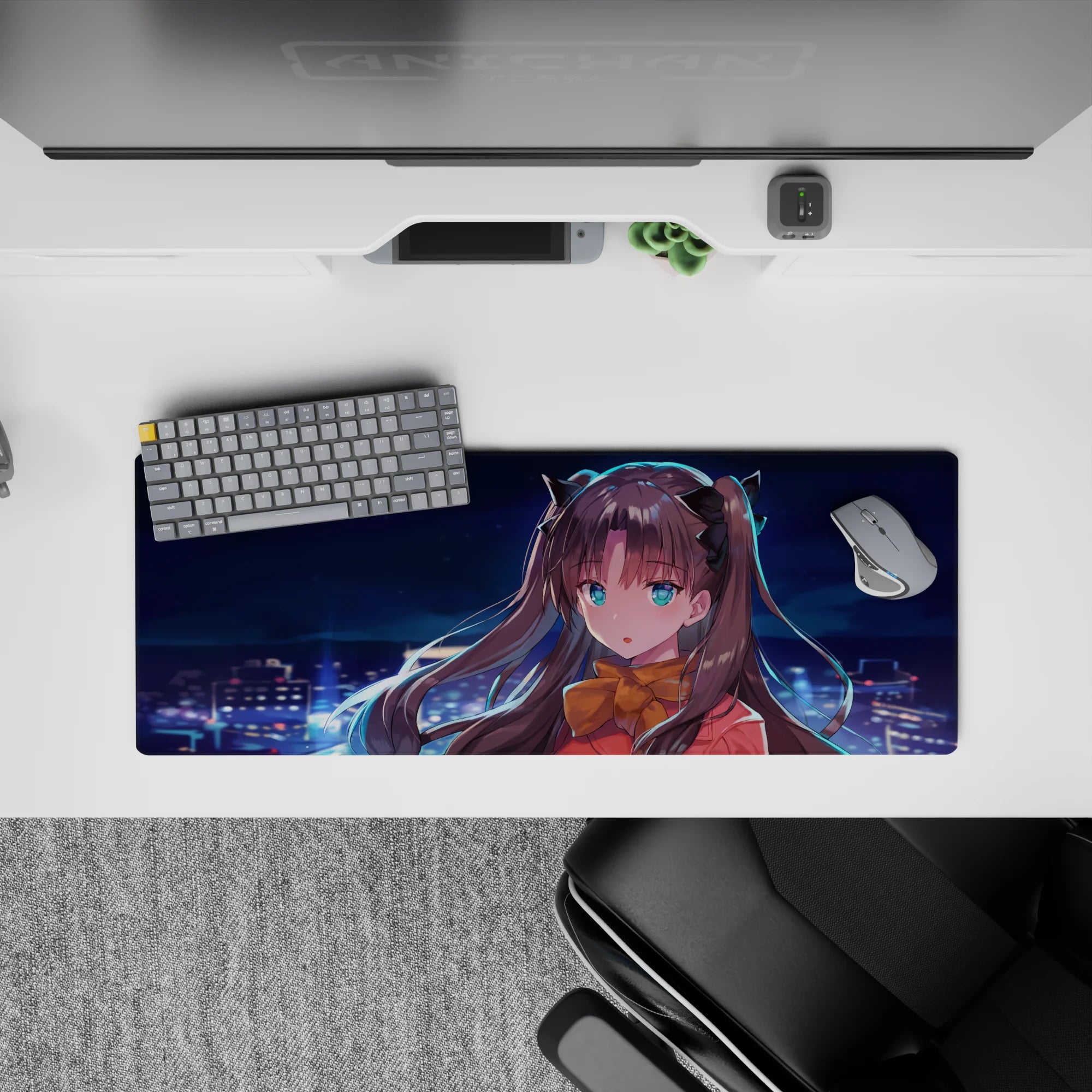 32x12 inches anime mouse pad in deep blues with teal eyes, warm red outfit, and cozy night-light mood.