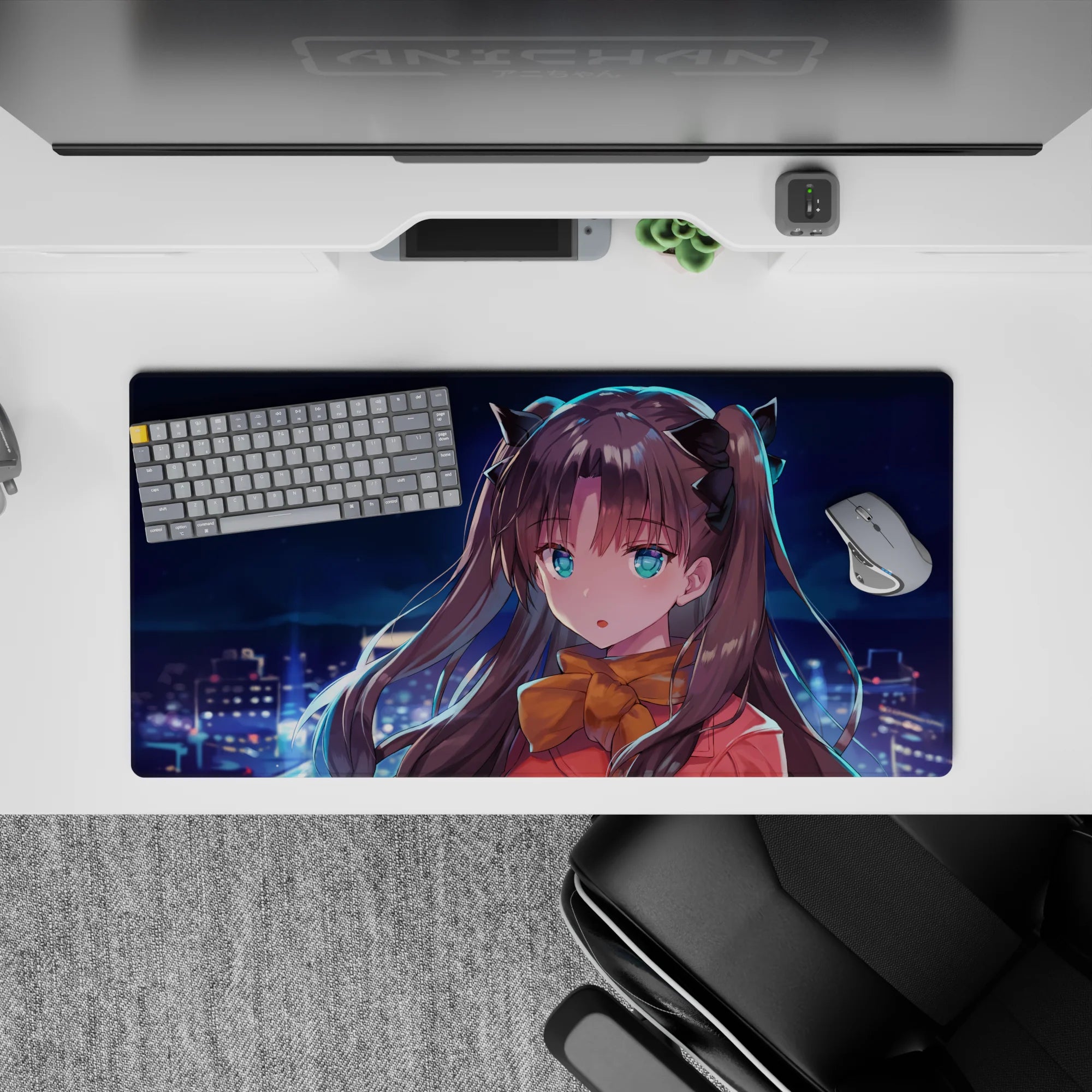 32x16 inches anime mouse pad in deep blues with teal eyes, warm red outfit, cozy night light mood.