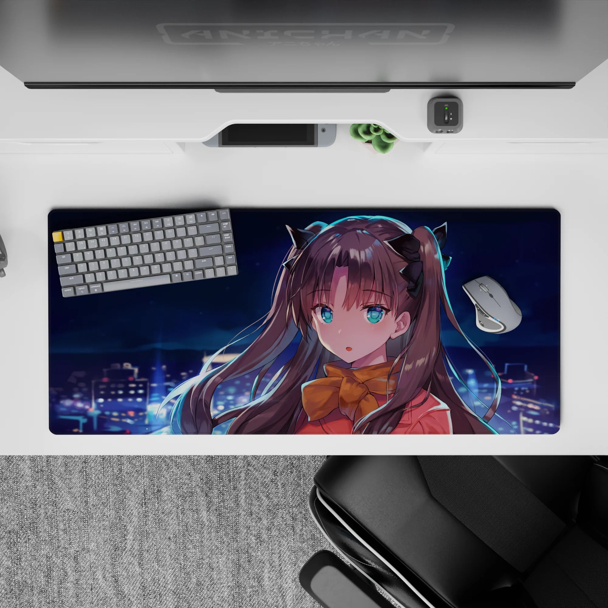 36x16 inches anime desk pad in deep blues with teal eyes, warm reds, and a cozy romantic night glow.
