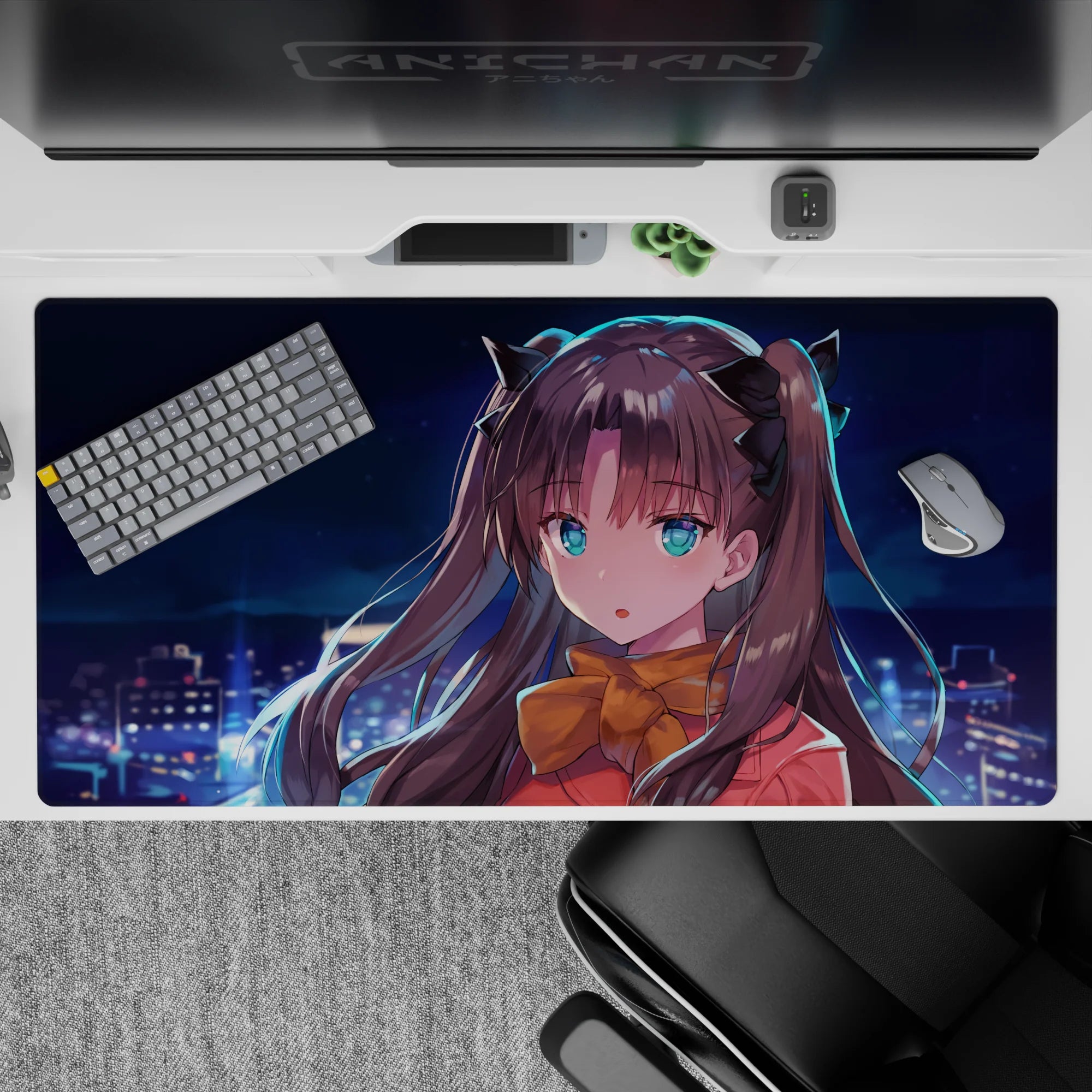 40x20 inches anime desk pad in deep blues with teal eyes, warm red outfit, and soft night light mood.