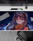 40x20 inches anime desk pad in deep blues with teal eyes, warm red outfit, and soft night light mood.