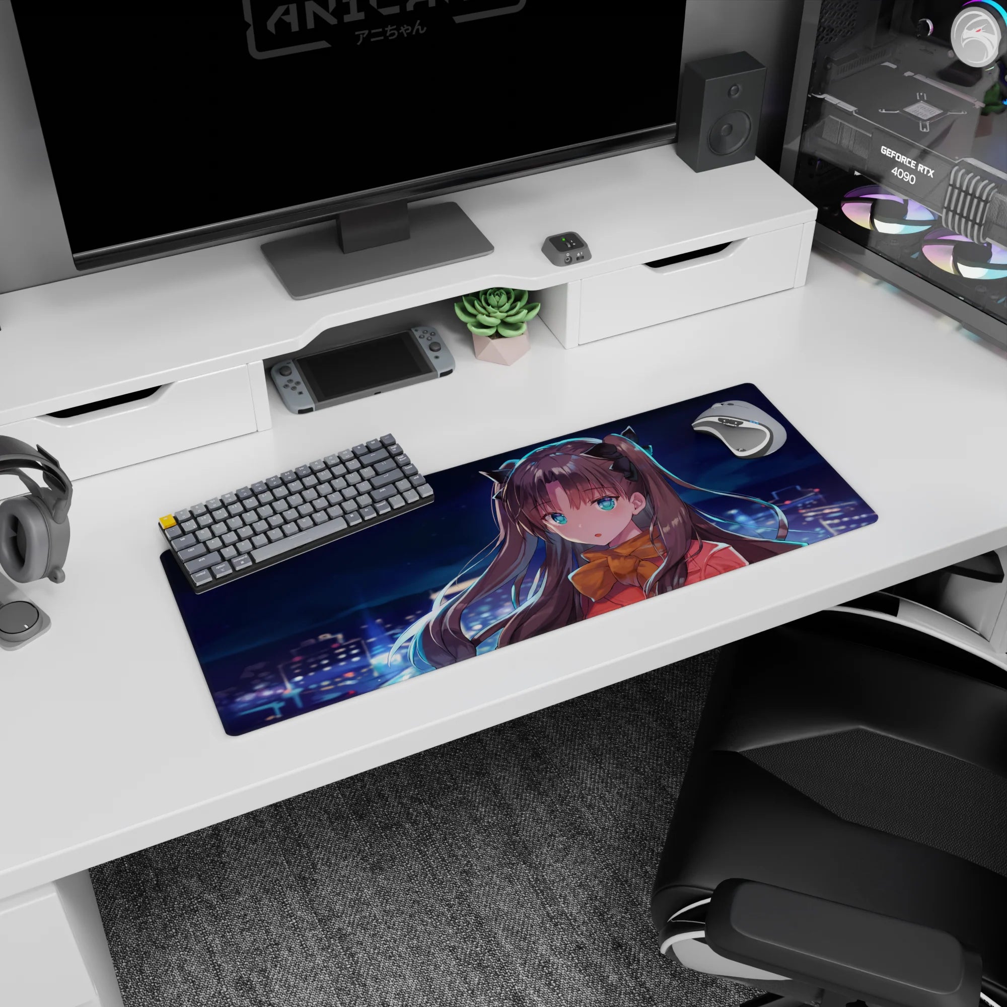 32x12 inches Rin Tohsaka mouse pad from Fate/stay night with a sweet surprised look and golden bow.