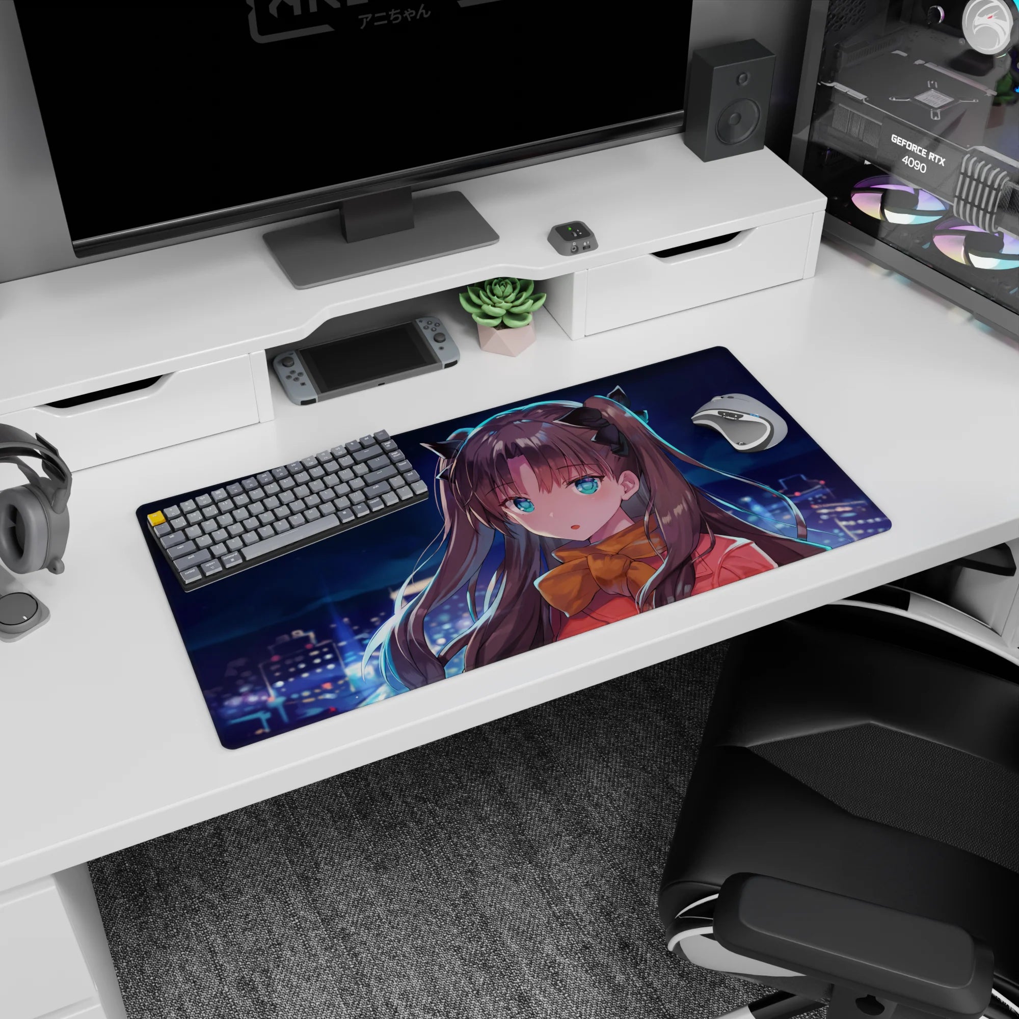32x16 inches Fate/stay night mouse pad featuring Rin Tohsaka with golden bow, sweet surprised look.