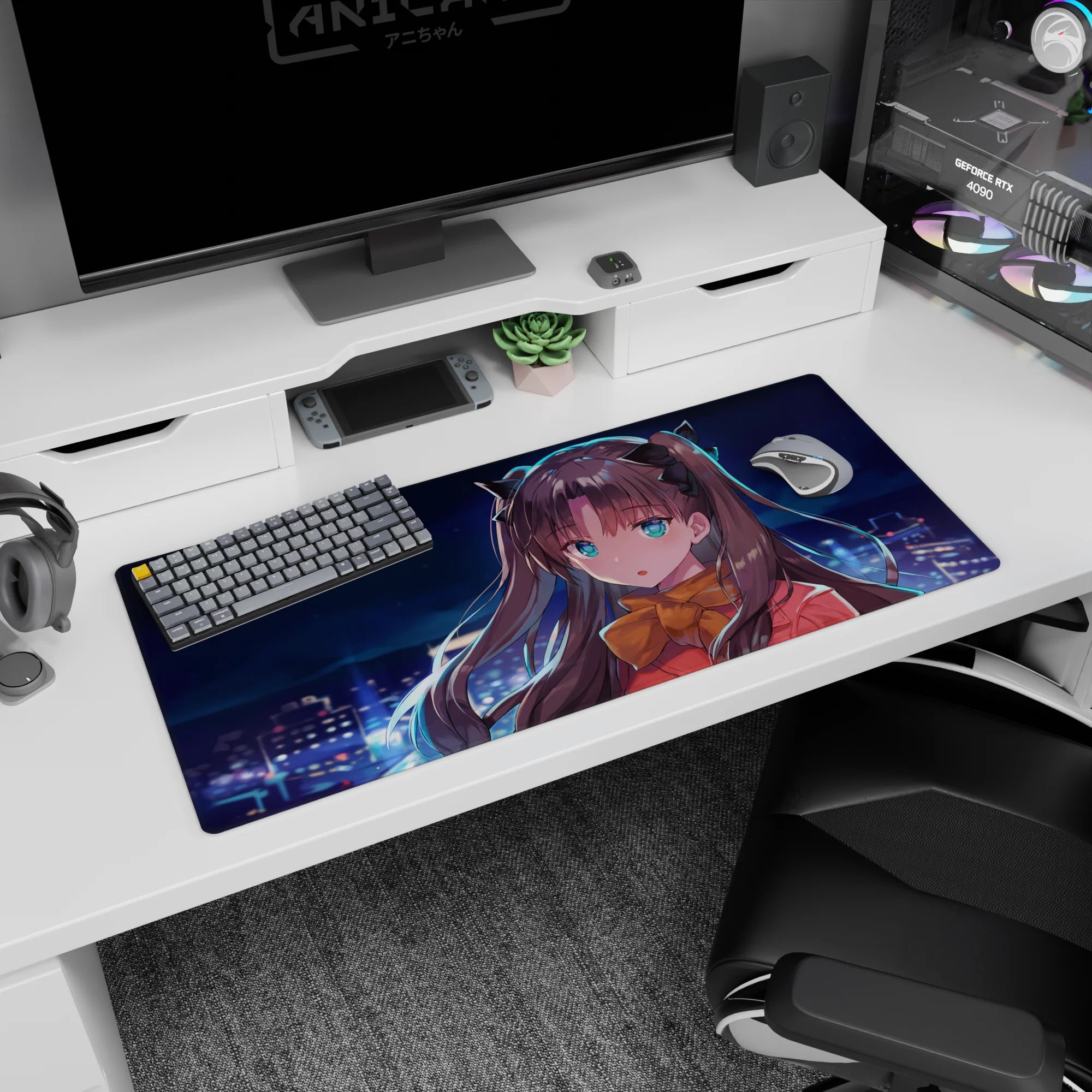36x16 inches desk pad featuring Rin Tohsaka from Fate/stay night, sweet surprised pose with golden bow.