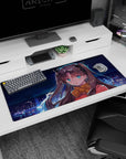 36x16 inches desk pad featuring Rin Tohsaka from Fate/stay night, sweet surprised pose with golden bow.