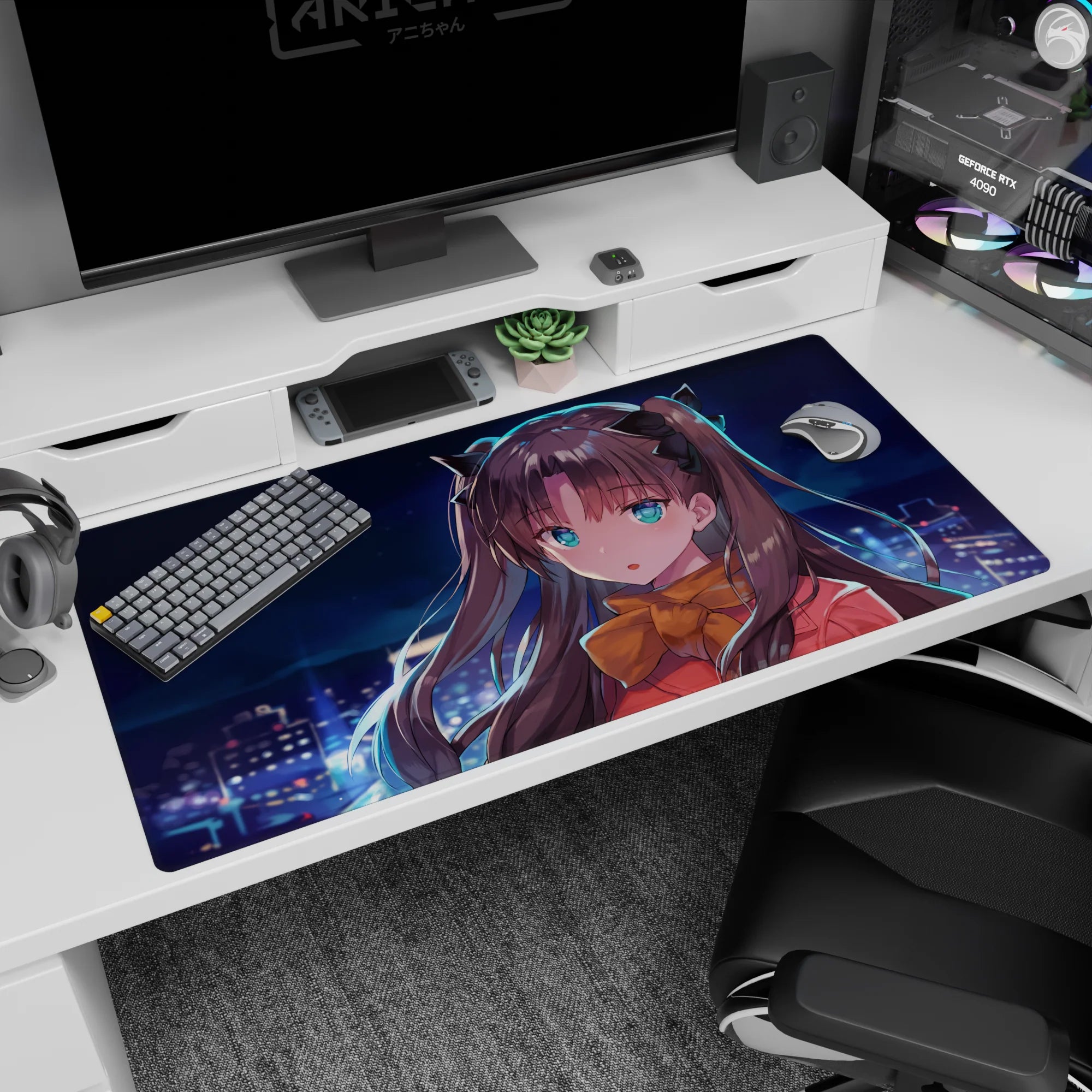 40x20 inches Rin Tohsaka Fate/stay night desk pad, sweet surprised pose with golden bow under night skyline.