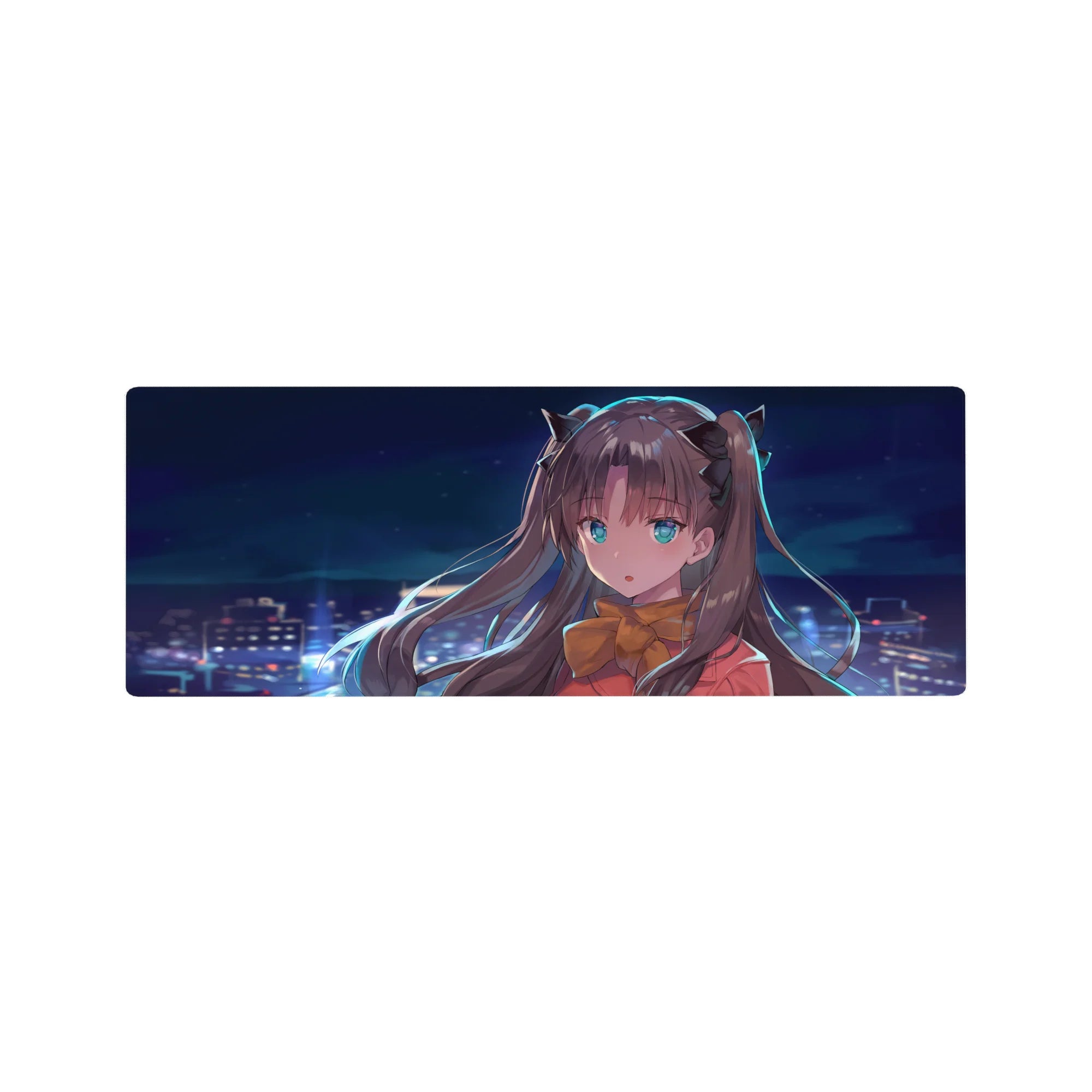 32x12 inches anime girl mouse pad with dreamy skyline, clean lines, soft shading, and ribbon details.