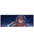 32x12 inches anime girl mouse pad with dreamy skyline, clean lines, soft shading, and ribbon details.