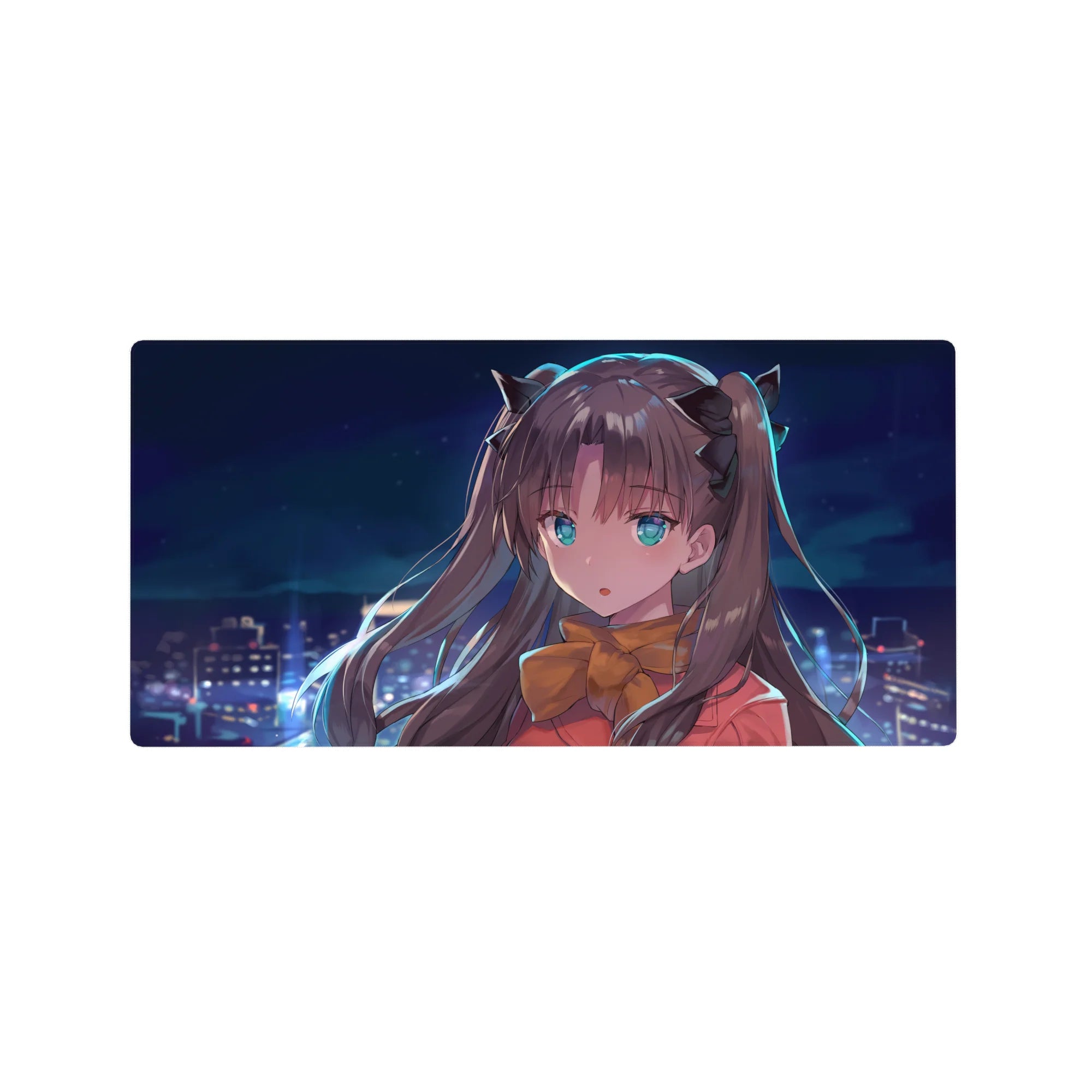 32x16 inches anime girl mouse pad with Rin Tohsaka, dreamy skyline, clean lines, ribbon details.