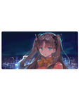 32x16 inches anime girl mouse pad with Rin Tohsaka, dreamy skyline, clean lines, ribbon details.