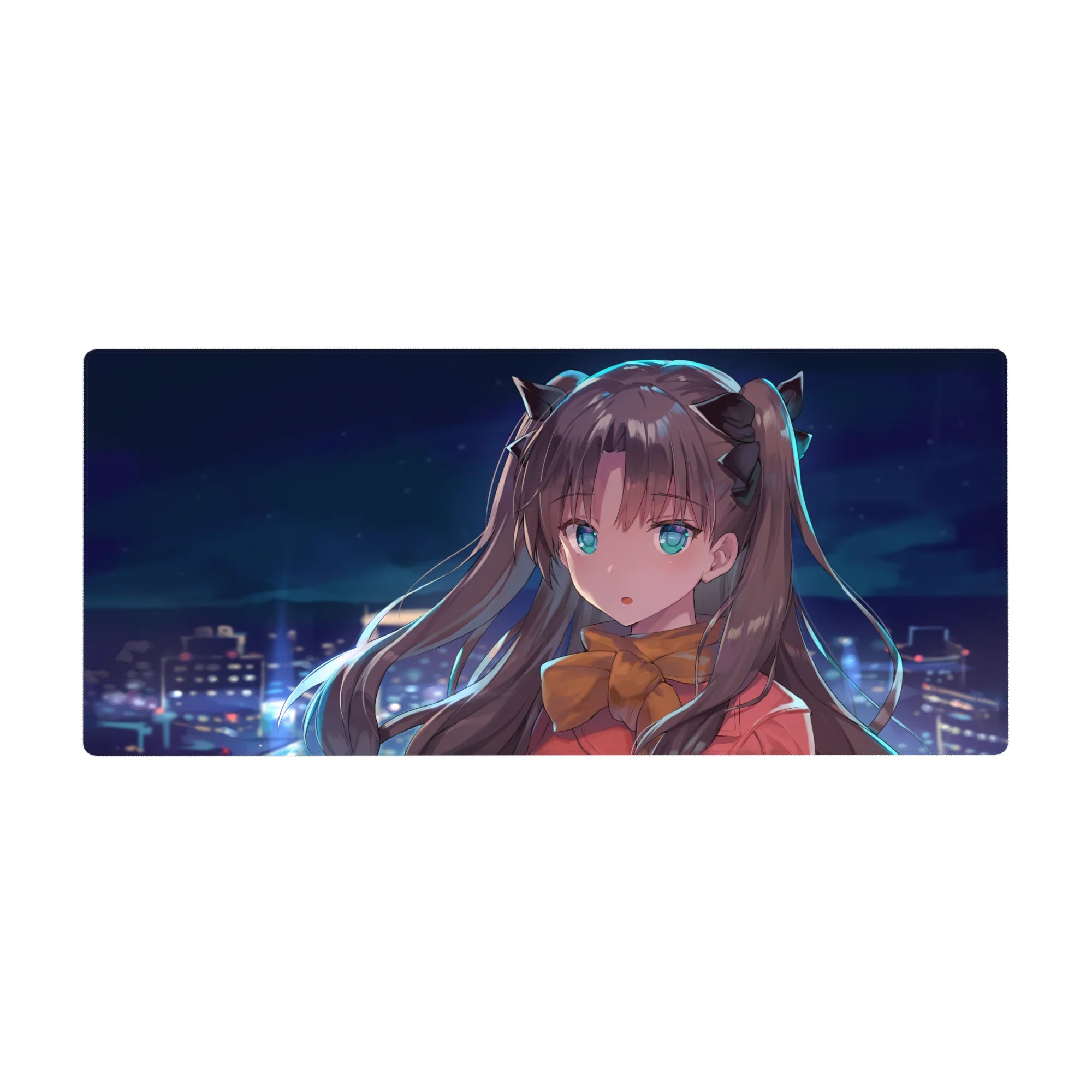36x16 inches anime girl desk pad with dreamy skyline, clean lines, gentle shading, and ribbon details.