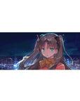 36x16 inches anime girl desk pad with dreamy skyline, clean lines, gentle shading, and ribbon details.