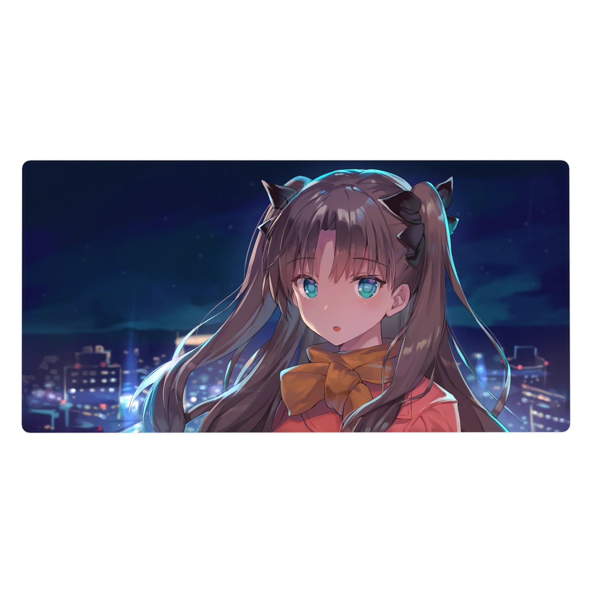 40x20 inches anime girl desk pad with dreamy skyline, clean lines, ribbon details, and cozy romance vibe.