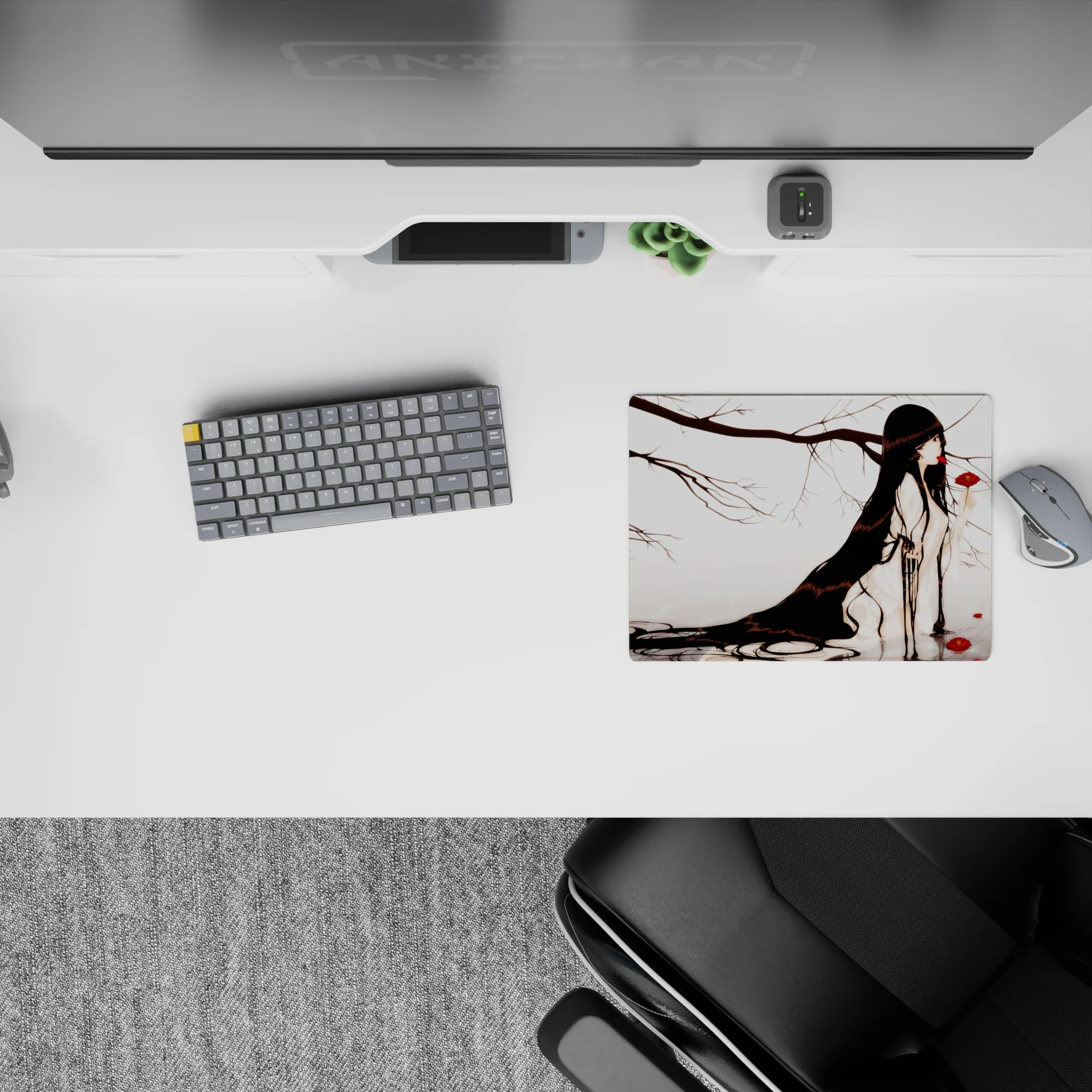 Dreamy pale gray and white anime mouse pad 14x10 inches with smoky haze and crimson floral accents.