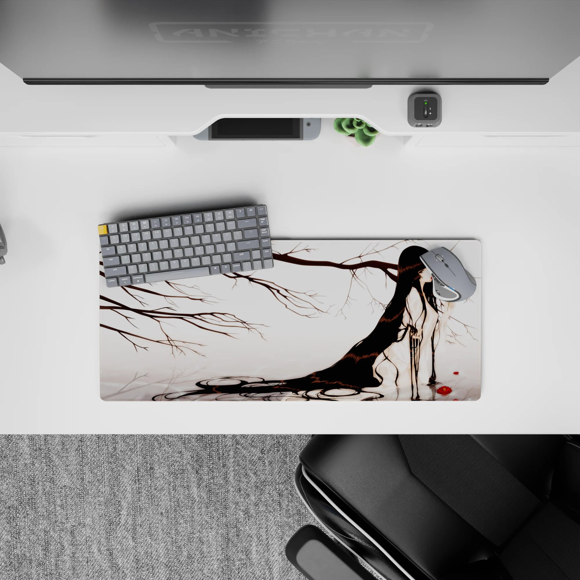 28x12 inches dreamy mouse pad in soft whites and smoky grays, with crimson pops for a calm vibe.