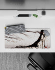 28x12 inches dreamy mouse pad in soft whites and smoky grays, with crimson pops for a calm vibe.