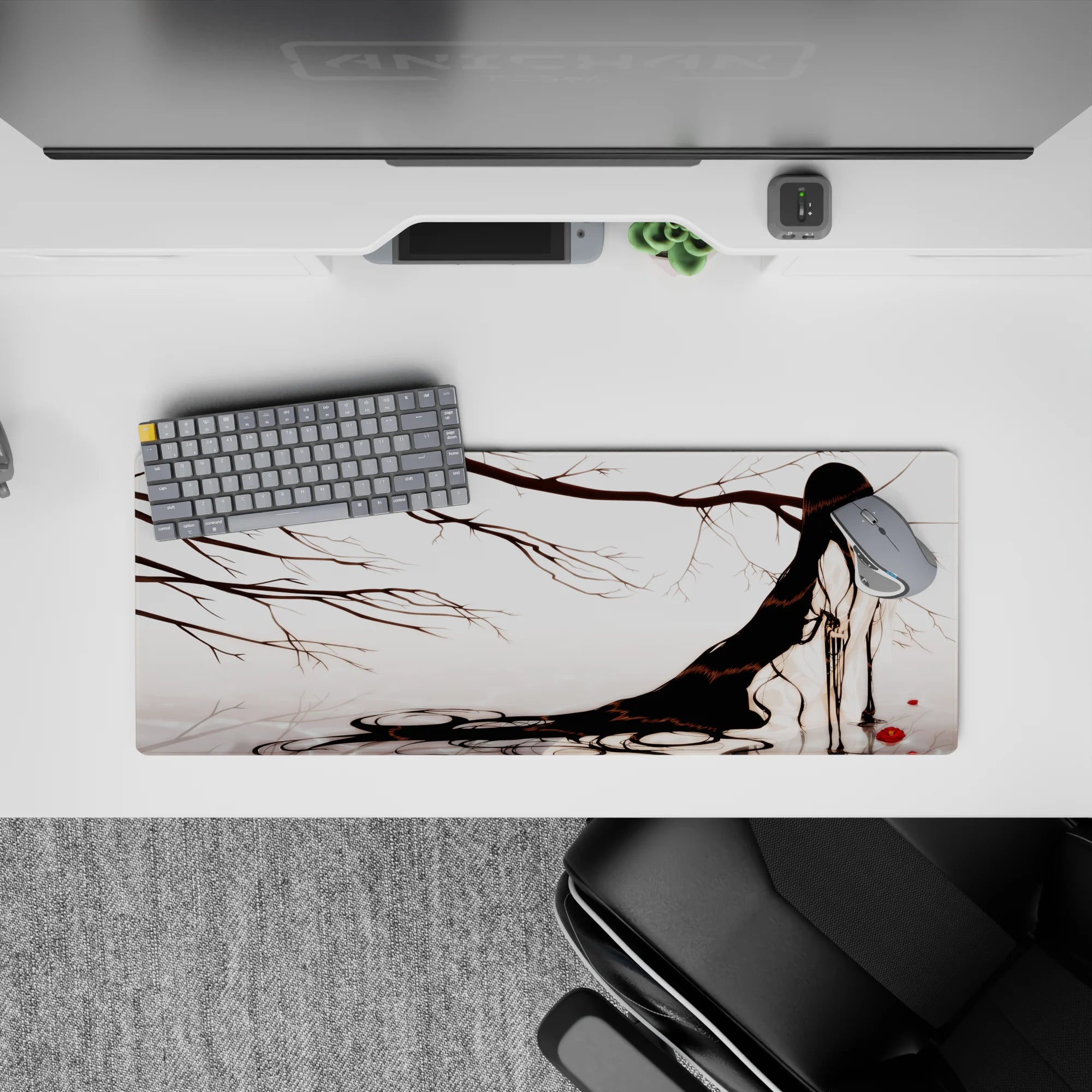 32x12 inches dreamy anime desk mat in soft whites and smoky grays with vivid crimson blooms.