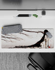 32x12 inches dreamy anime desk mat in soft whites and smoky grays with vivid crimson blooms.
