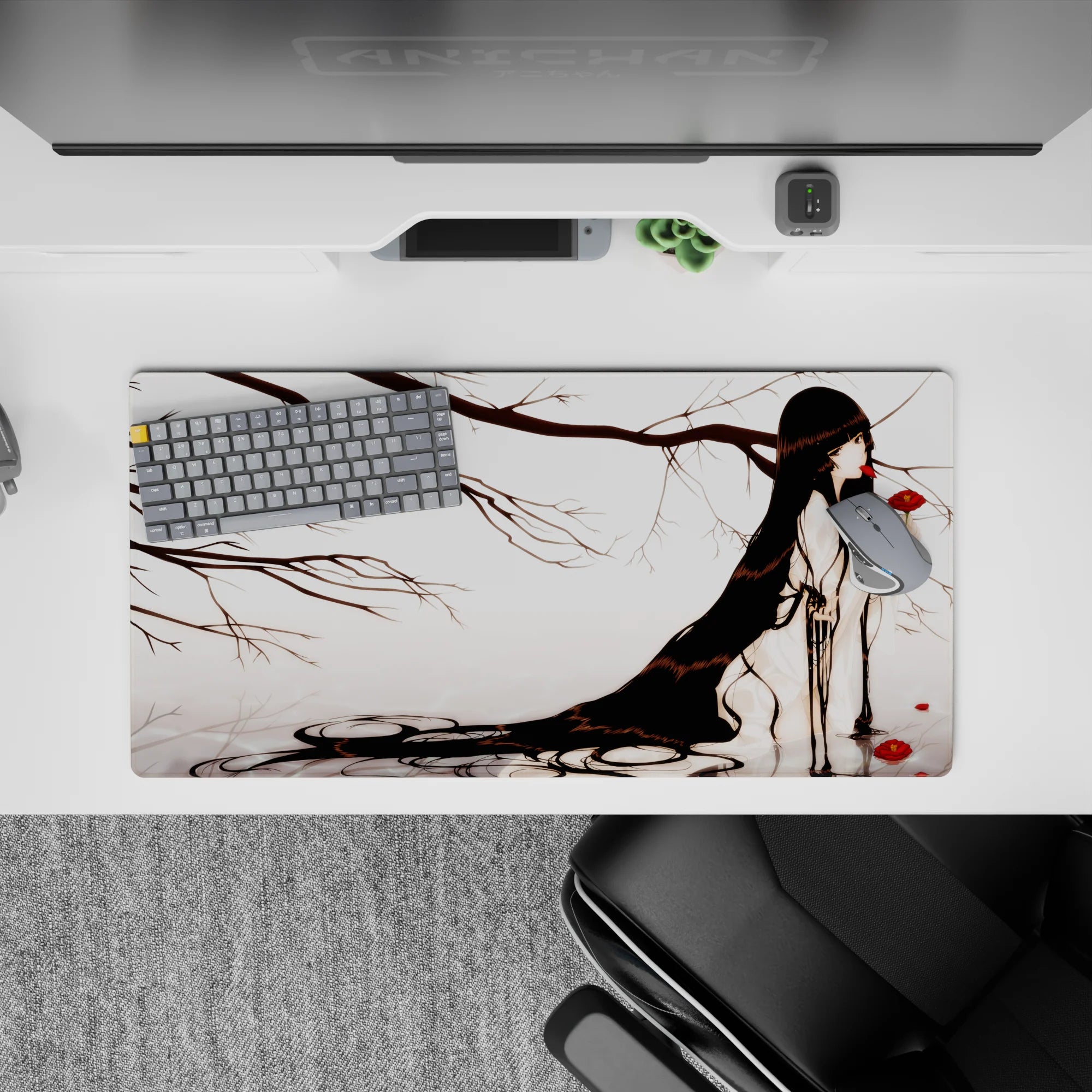 32x16 inches anime desk mouse pad in soft whites and smoky grays with striking crimson pops, dreamy mood.