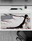 32x16 inches anime desk mouse pad in soft whites and smoky grays with striking crimson pops, dreamy mood.