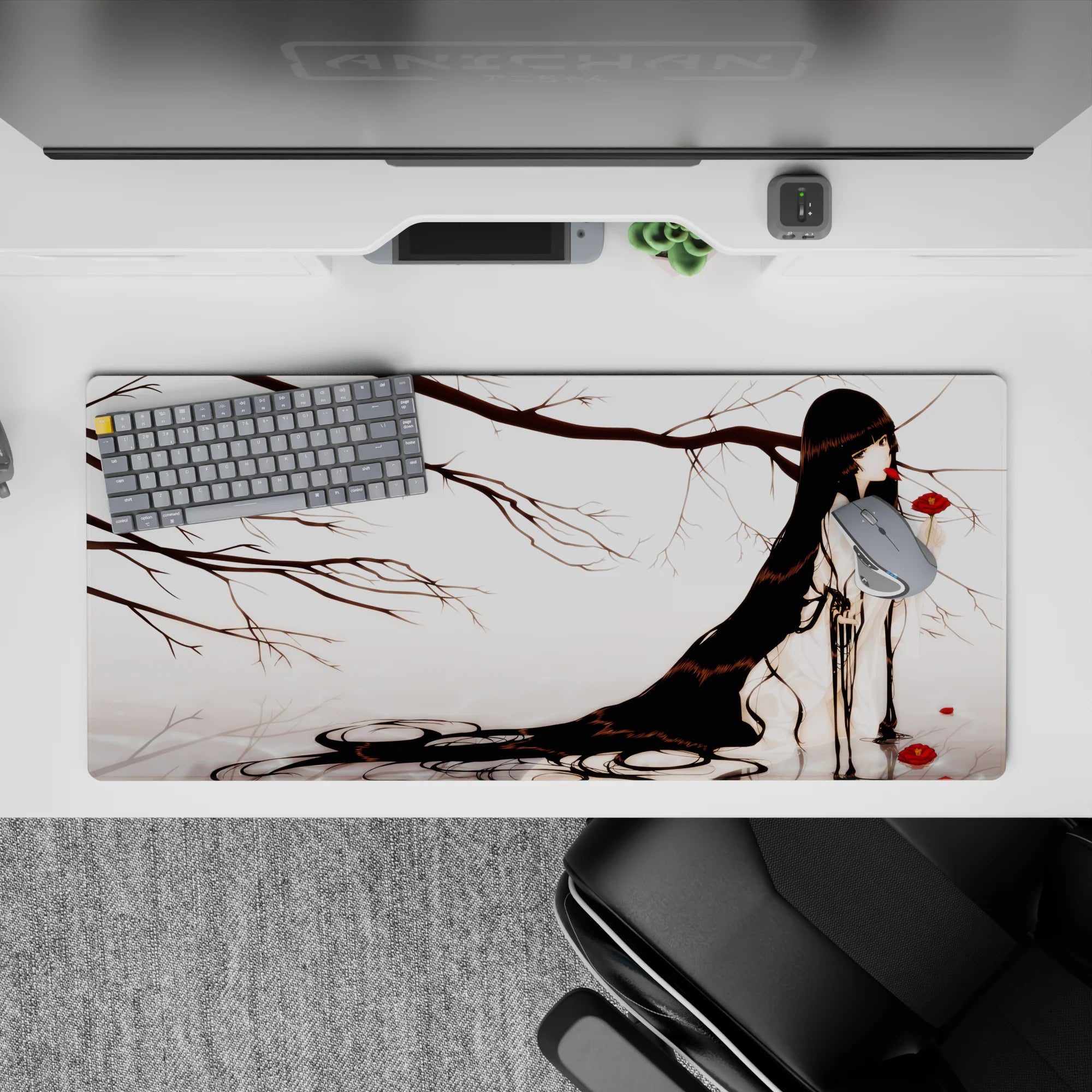 36x16 inches dreamy monochrome desk pad in soft whites and smoky grays with vivid crimson flower details.