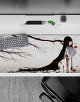 36x16 inches dreamy monochrome desk pad in soft whites and smoky grays with vivid crimson flower details.