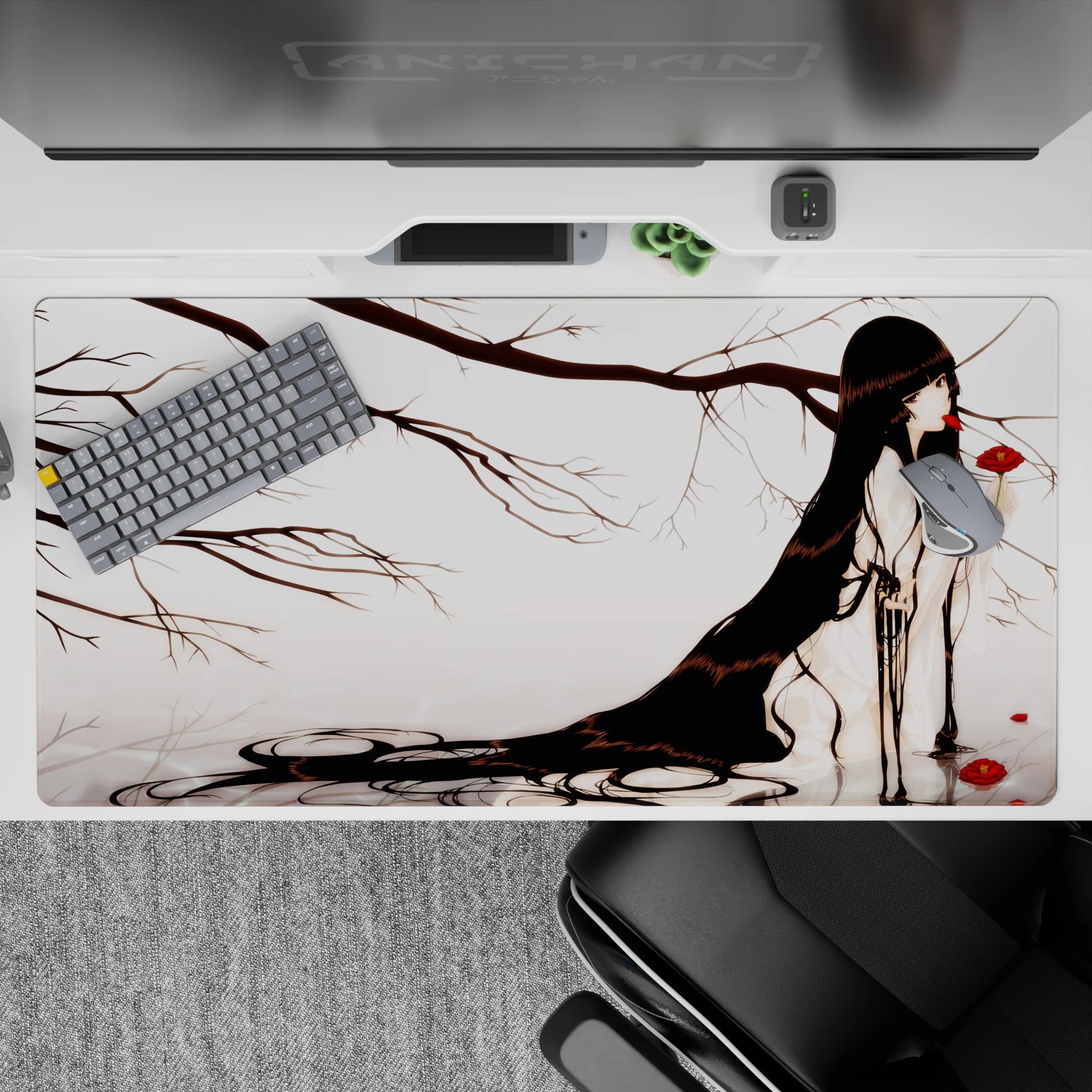 Dreamy gray-and-white anime desk pad 40x20 inches with soft fog tones and vivid crimson pops.