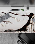 Dreamy gray-and-white anime desk pad 40x20 inches with soft fog tones and vivid crimson pops.