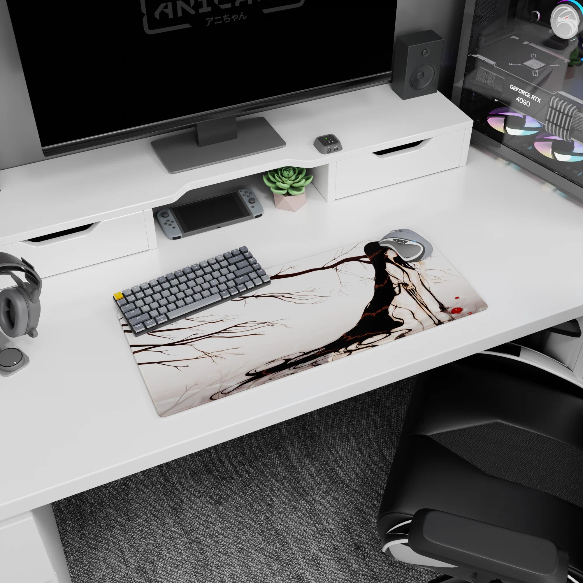 28x12 inches desk mat featuring a long-haired anime girl in a pale mist with ink-like bare branches.