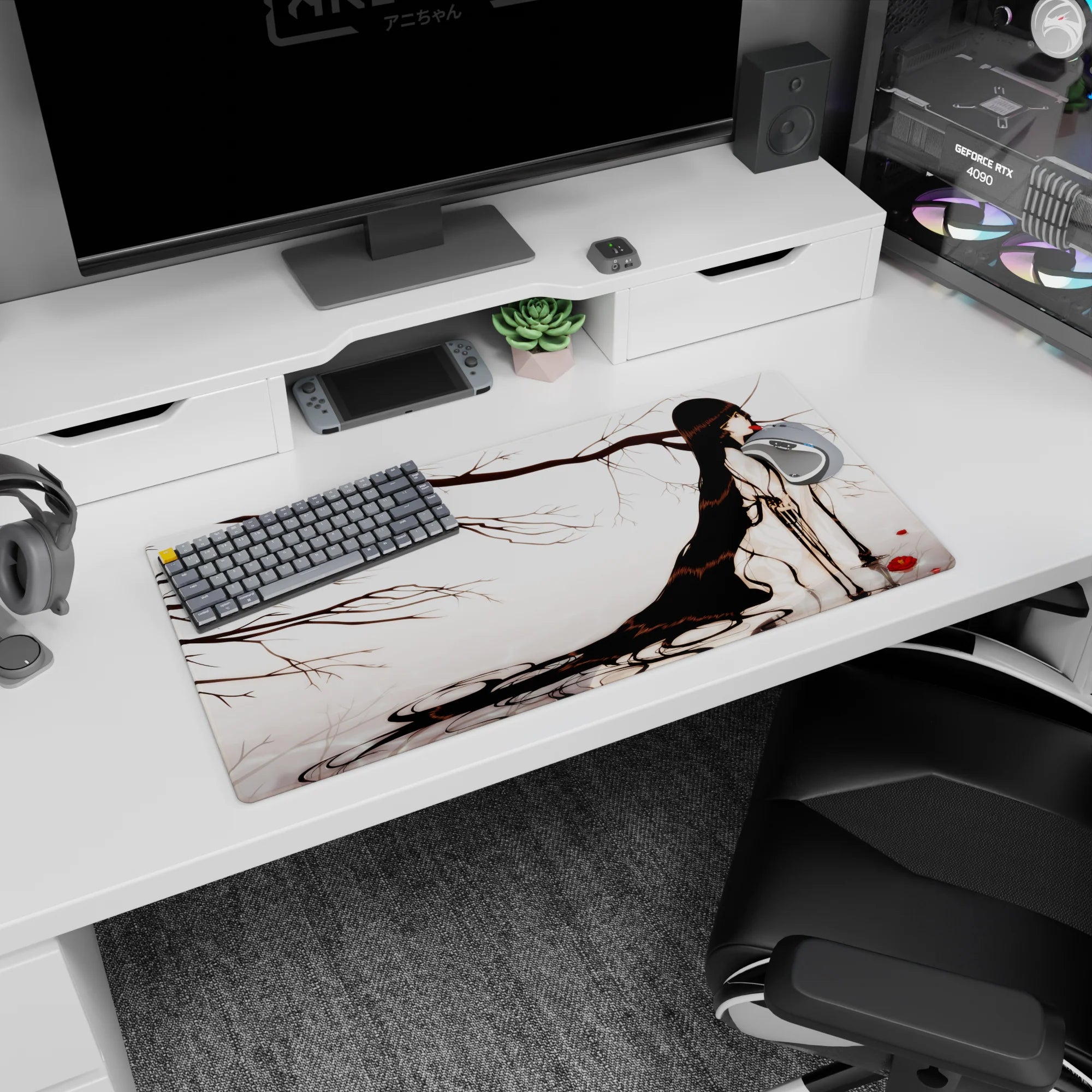 32x16 inches anime mouse pad featuring a raven-haired girl in a pale foggy scene with ink branches and red blooms.