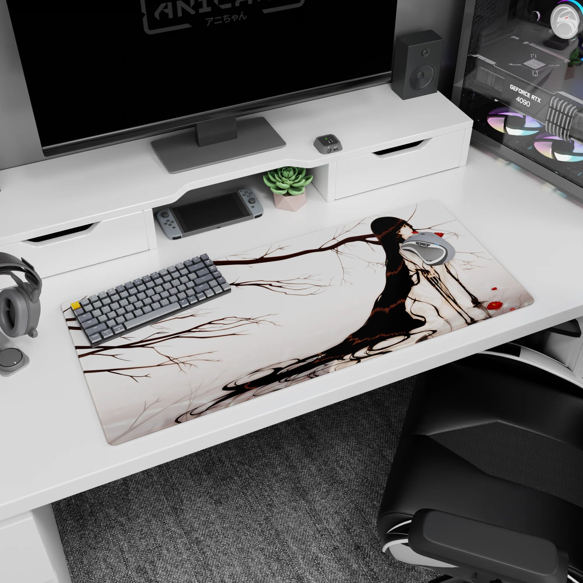36x16 inches desk pad featuring an anime girl with long black hair amid bare ink-like branches and red blooms.