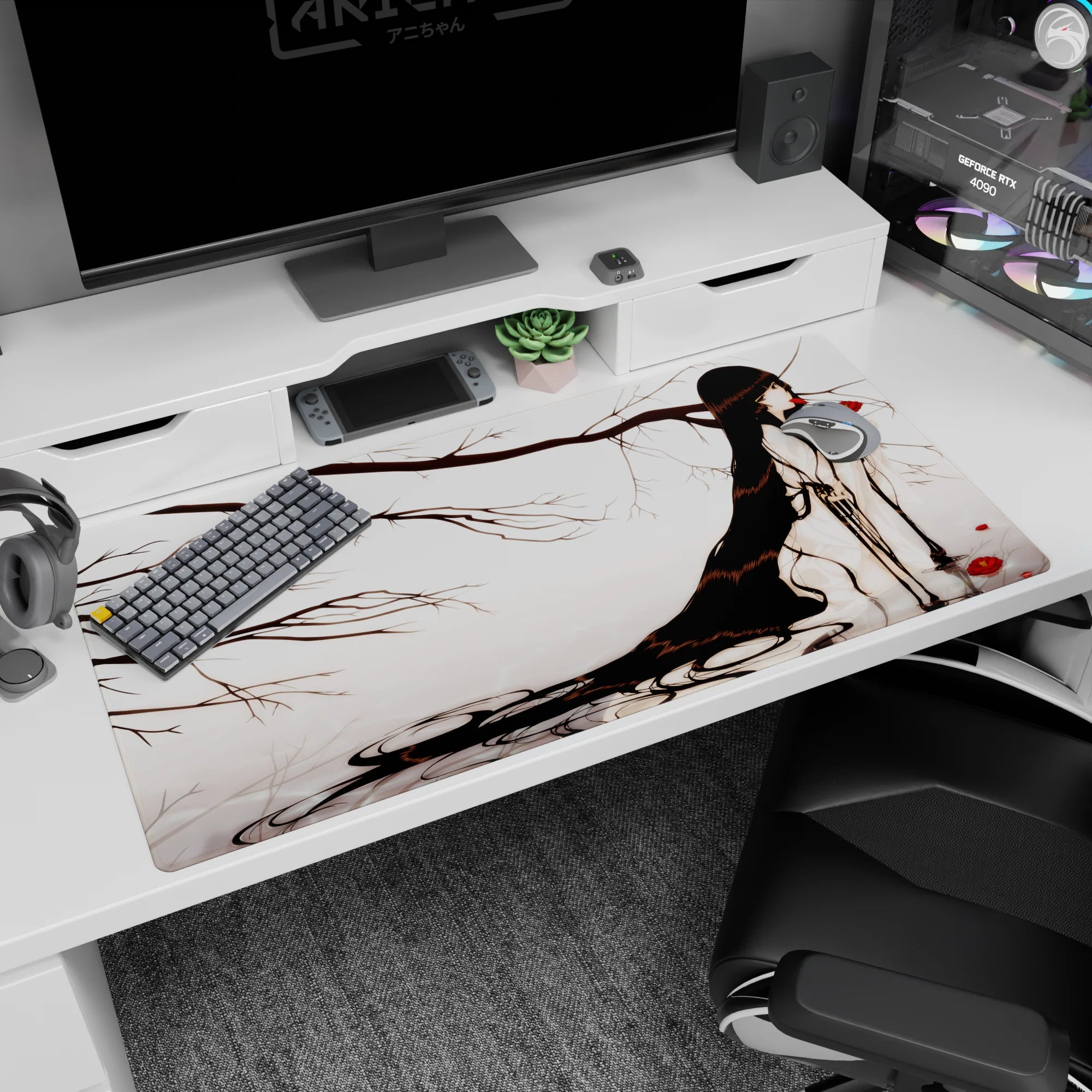 Anime girl with flowing black hair among bare ink branches and red blossoms desk pad 40x20 inches.