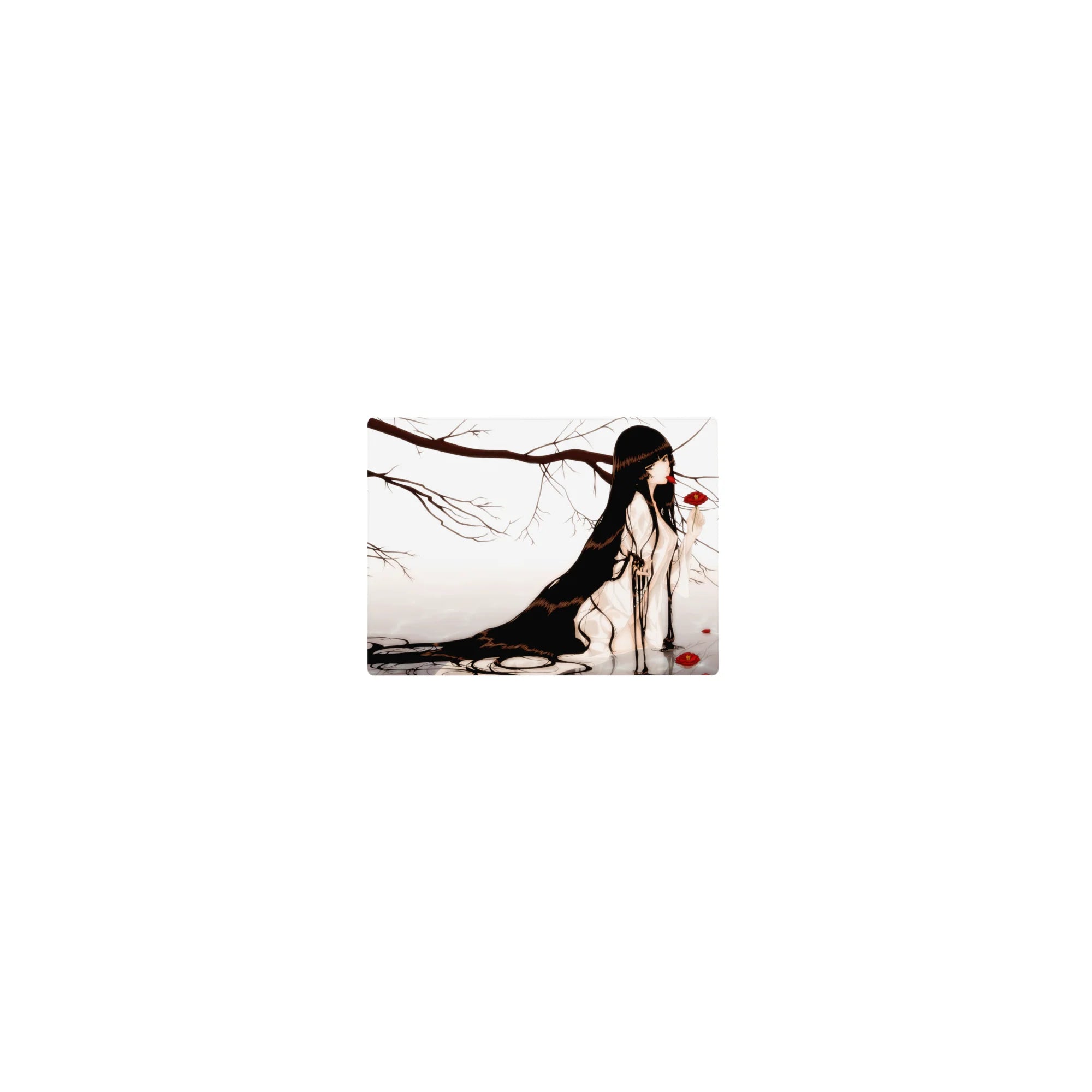 Classic anime girl mouse pad 14x10 inches with long black hair, misty branches, and red flowers.