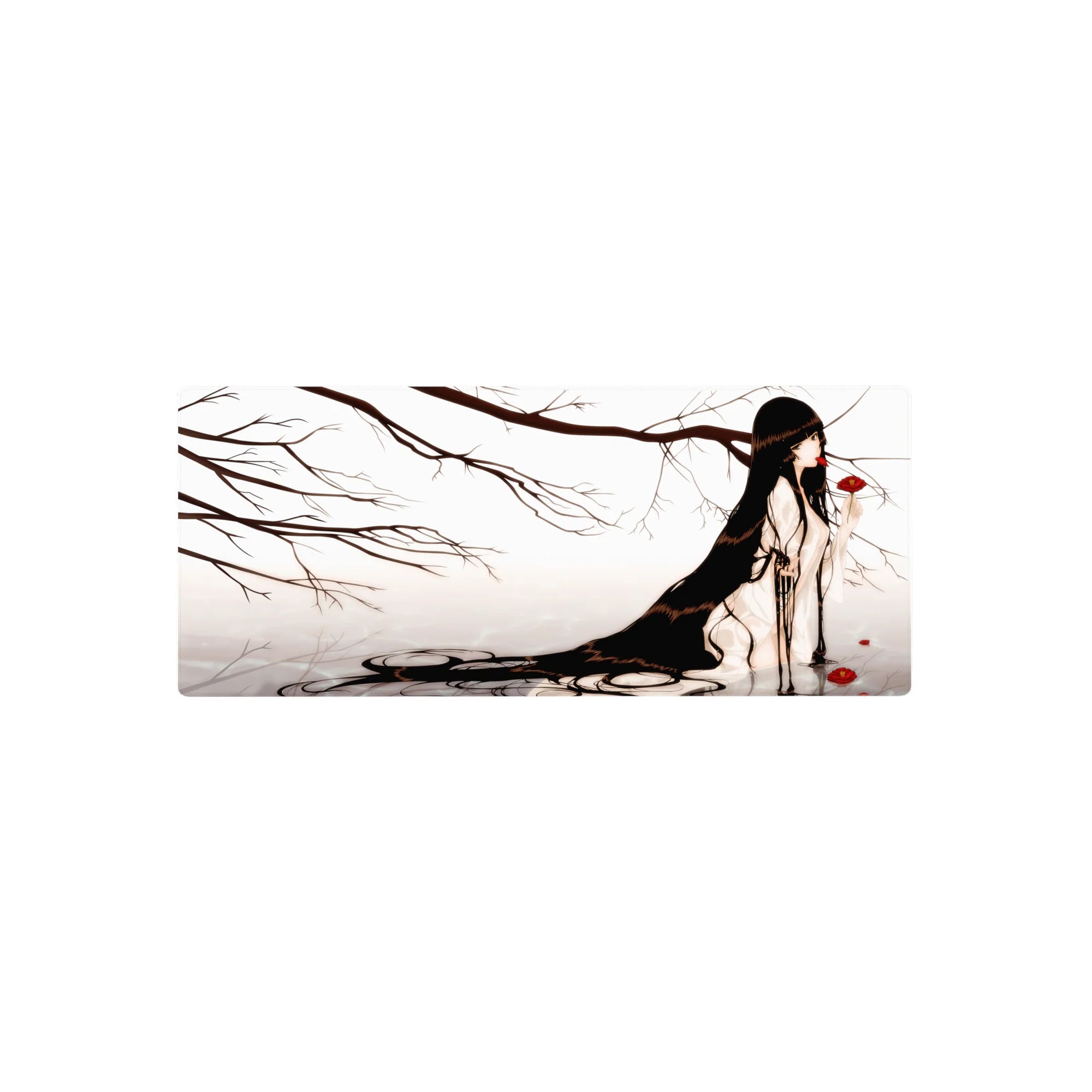 28x12 inches anime girl mouse pad with misty branches, long raven hair, and red flower accents.