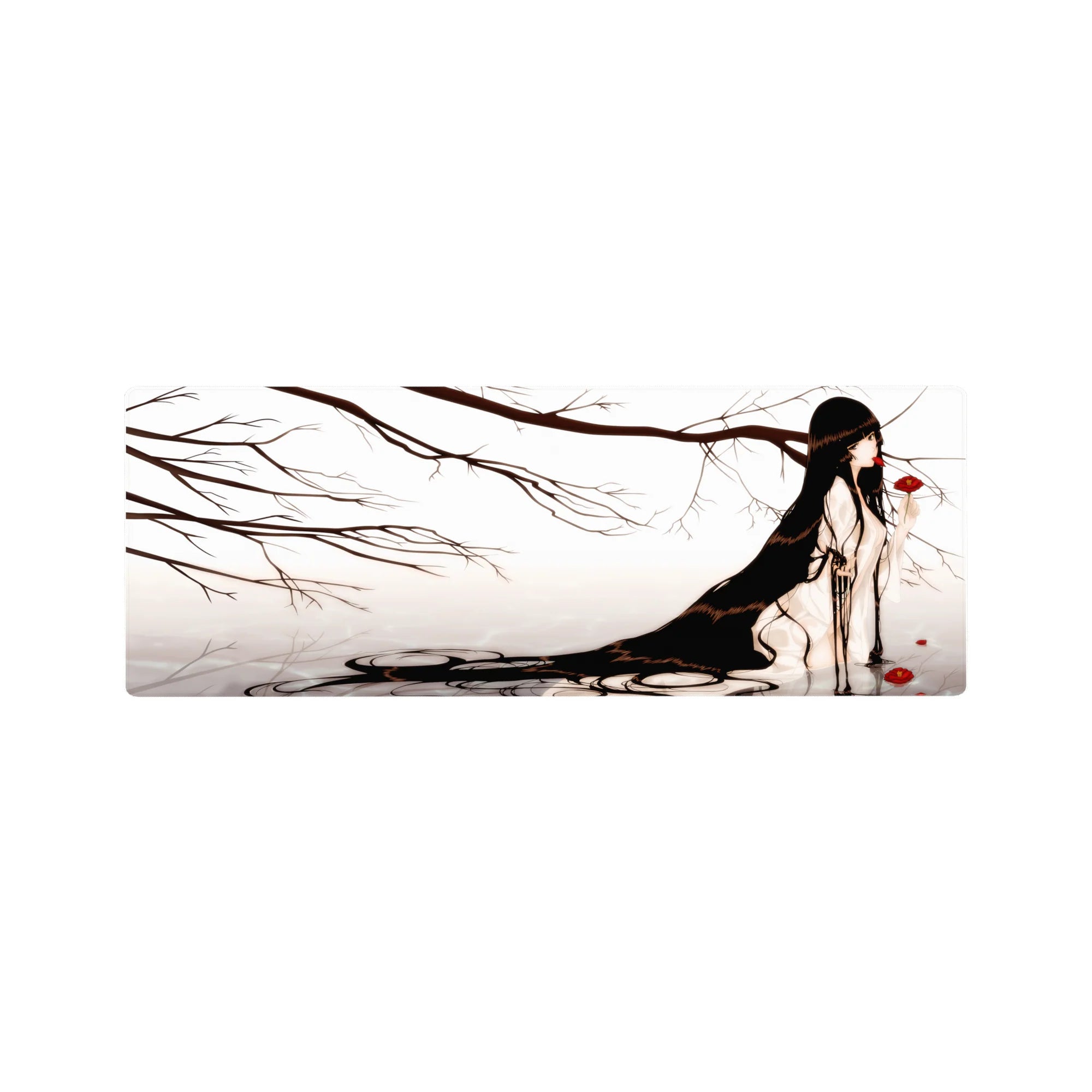 32x12 inches anime girl mouse pad with misty branches, raven hair, and red flower accents.