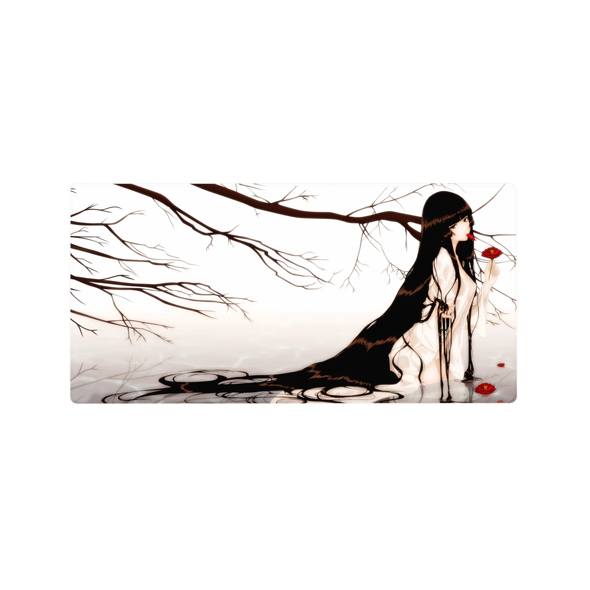 32x16 inches anime girl mouse pad with misty branches, long black hair, and red flower accents.
