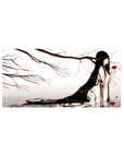 32x16 inches anime girl mouse pad with misty branches, long black hair, and red flower accents.