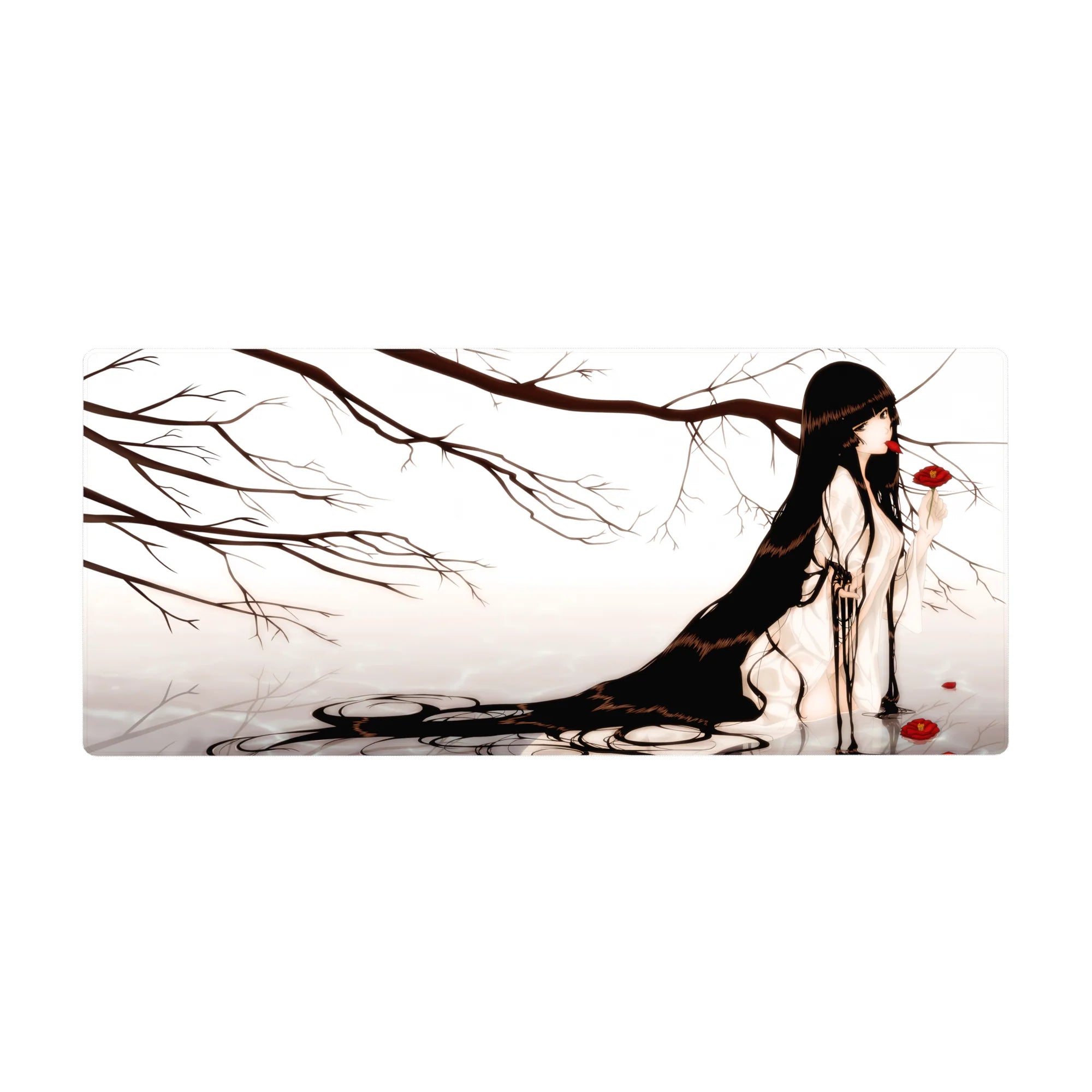 36x16 inches anime girl desk pad with raven hair, ink branches, and red flower accents in misty tones.