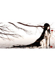 36x16 inches anime girl desk pad with raven hair, ink branches, and red flower accents in misty tones.